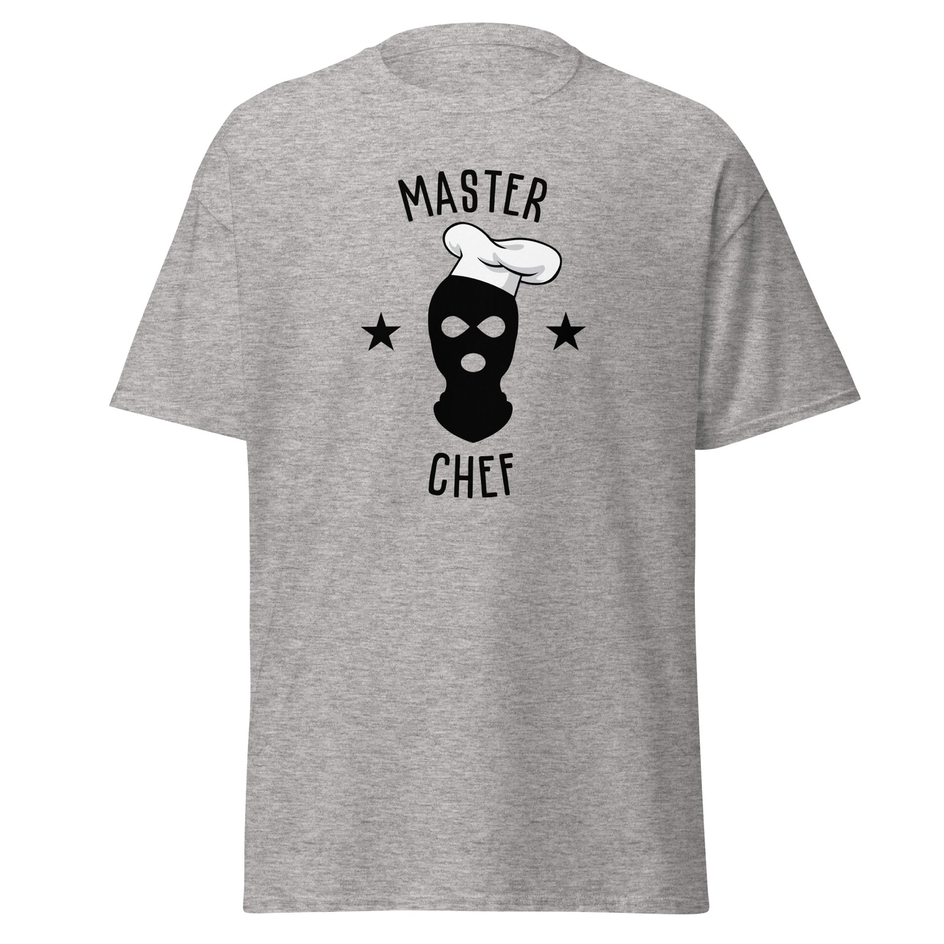 The Master Chef T-Shirt by FunnyDripStore features a black ski mask in a chef’s hat, two black stars, and bold “MASTER CHEF” text above and below the graphic.