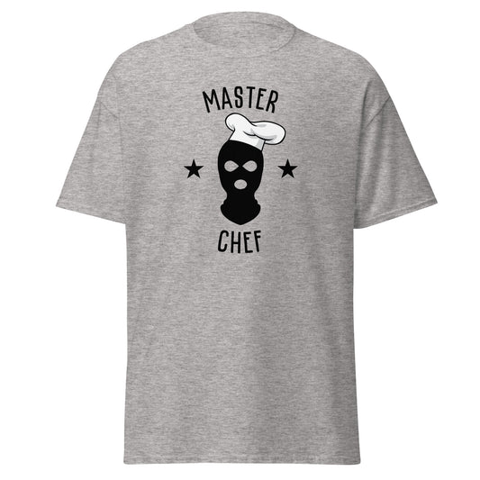 The Master Chef T-Shirt by FunnyDripStore features a black ski mask in a chef’s hat, two black stars, and bold “MASTER CHEF” text above and below the graphic.