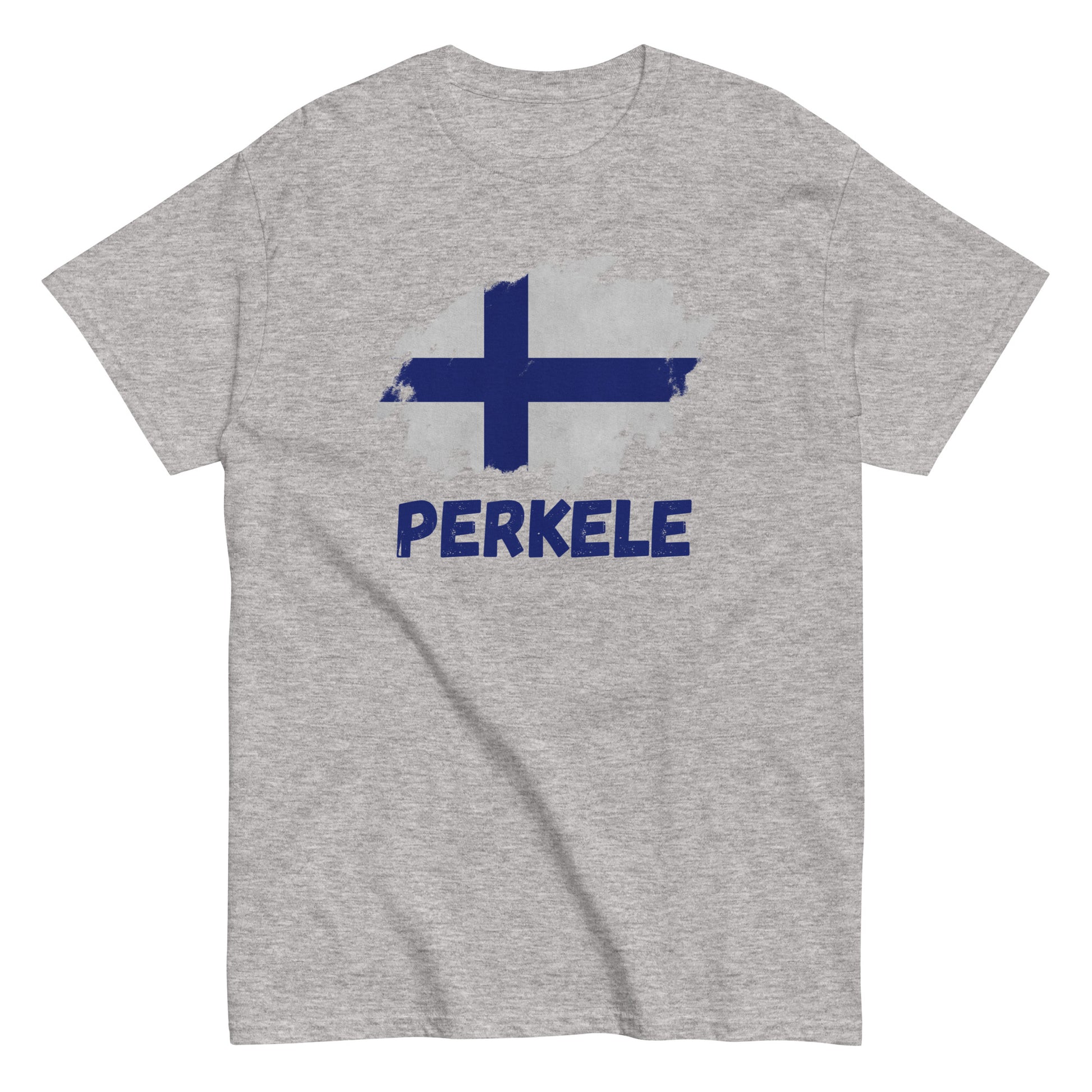 The Perkele T-Shirt by FunnyDripStore features a white design with a brushstroke Finnish flag above bold blue PERKELE text—a unique, funny tee for fans of quirky merch.