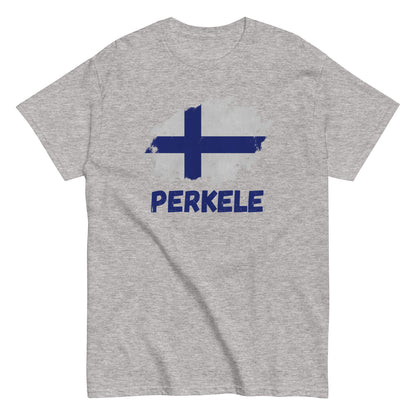 The Perkele T-Shirt by FunnyDripStore features a white design with a brushstroke Finnish flag above bold blue PERKELE text—a unique, funny tee for fans of quirky merch.