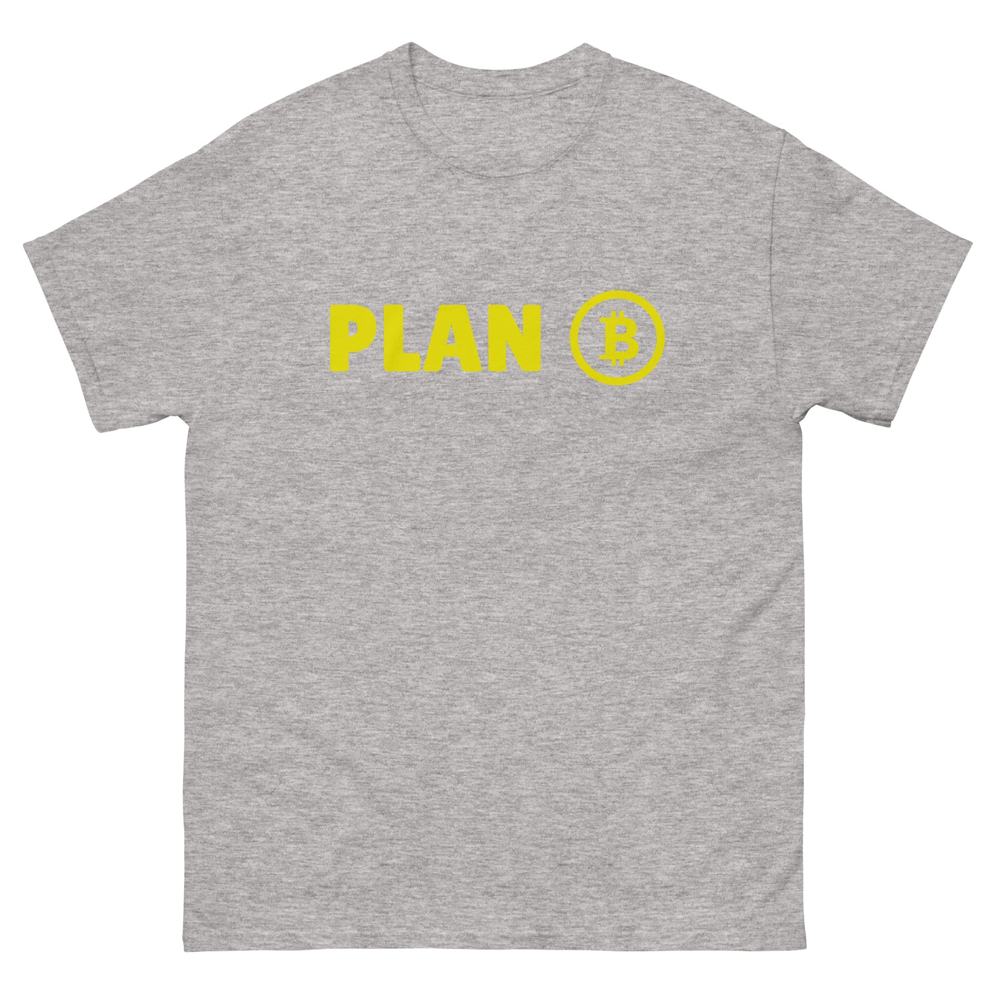 The Plan B T-Shirt from FunnyDripStore features PLAN in bold yellow letters and a yellow Bitcoin symbol inside a circle on the chest—a fun meme shirt perfect for fans of funny clothing.