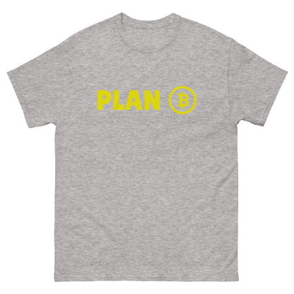 The Plan B T-Shirt from FunnyDripStore features PLAN in bold yellow letters and a yellow Bitcoin symbol inside a circle on the chest—a fun meme shirt perfect for fans of funny clothing.