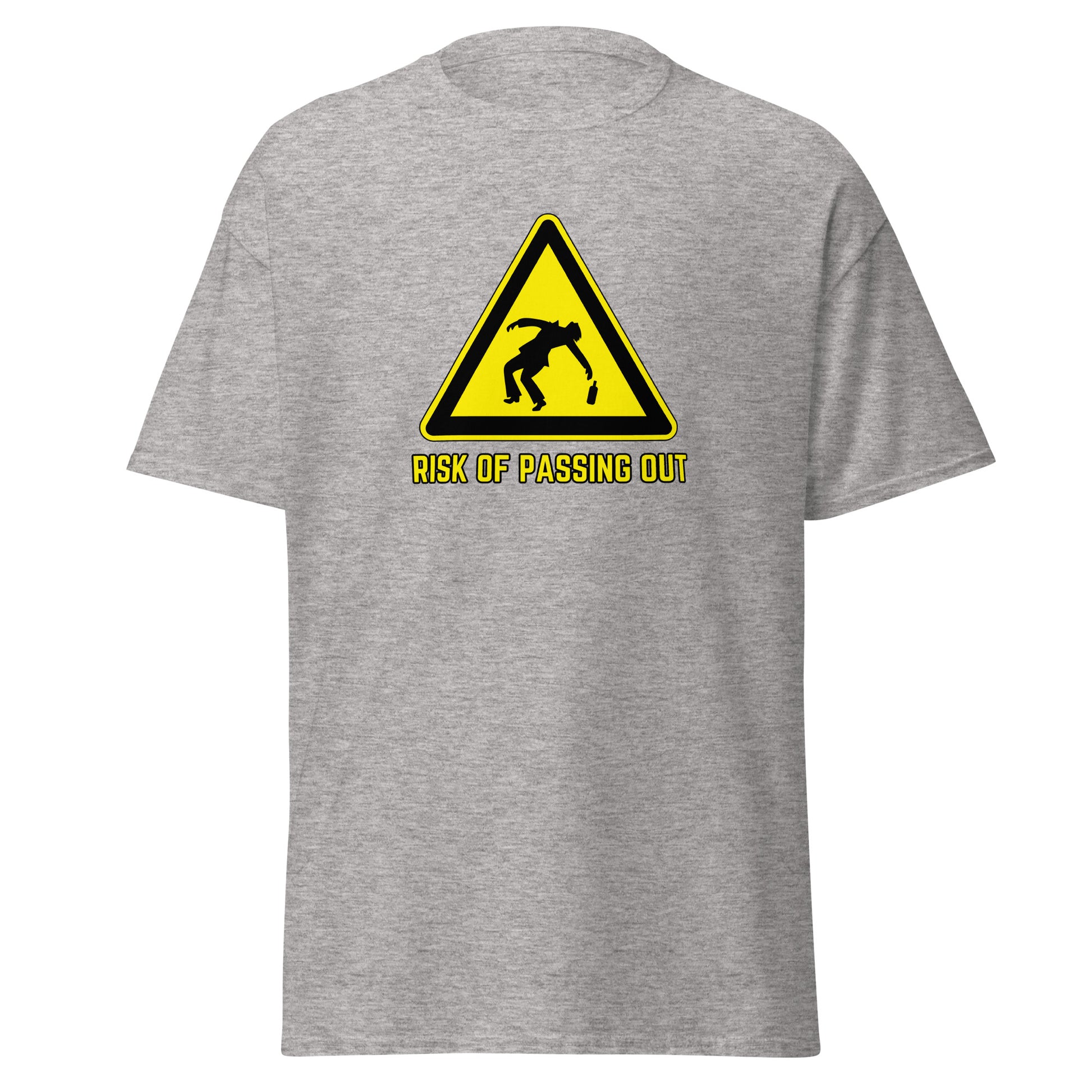 The Risk Of Passing Out T-Shirt by FunnyDripStore is a black tee with a yellow warning sign and “RISK OF PASSING OUT” text—a perfect meme shirt for fans of bold, humorous style.