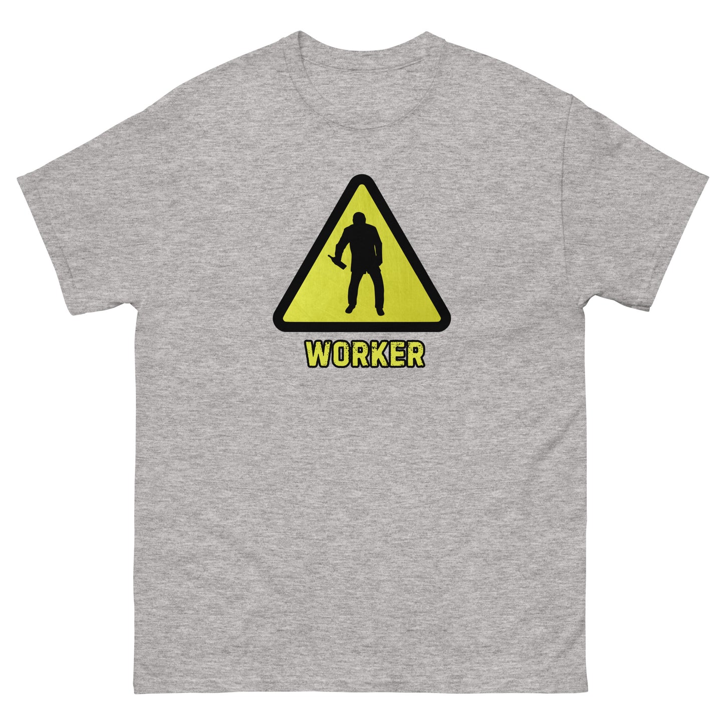 The Worker T-Shirt by FunnyDripStore features a yellow triangular warning sign with a worker silhouette and bold yellow WORKER text on black—a funny shirt for anyone who enjoys meme apparel and humorous graphic tees.