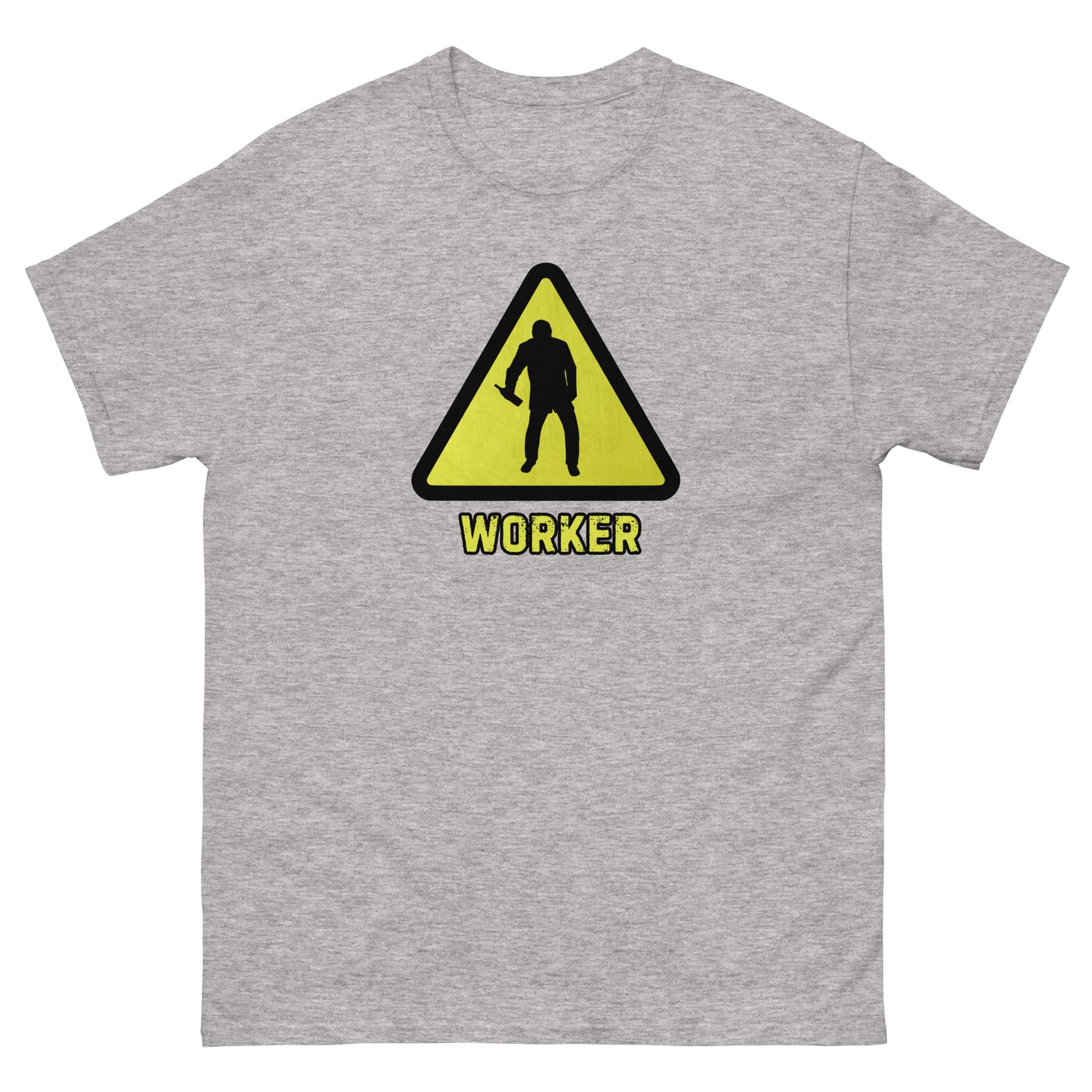 The Worker T-Shirt by FunnyDripStore features a yellow triangular warning sign with a worker silhouette and bold yellow WORKER text on black—a funny shirt for anyone who enjoys meme apparel and humorous graphic tees.