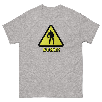 The Worker T-Shirt by FunnyDripStore features a yellow triangular warning sign with a worker silhouette and bold yellow WORKER text on black—a funny shirt for anyone who enjoys meme apparel and humorous graphic tees.