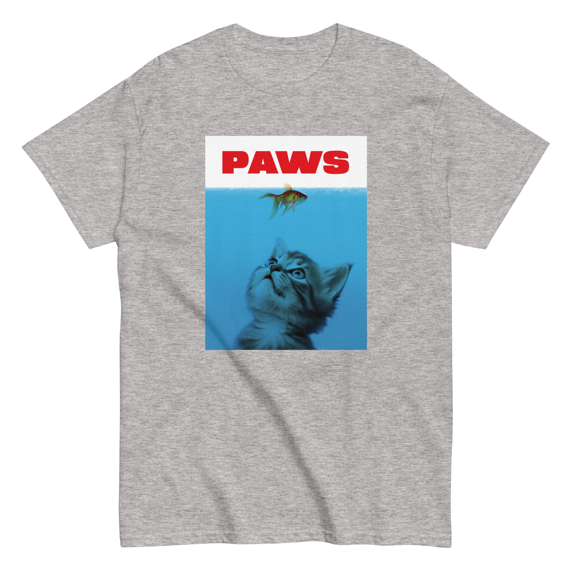 The Paws T-Shirt by FunnyDripStore features a kitten underwater eyeing a goldfish, with PAWS in bold red— a humorous meme shirt parodying the classic Jaws poster.
