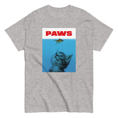 The Paws T-Shirt by FunnyDripStore features a kitten underwater eyeing a goldfish, with PAWS in bold red— a humorous meme shirt parodying the classic Jaws poster.