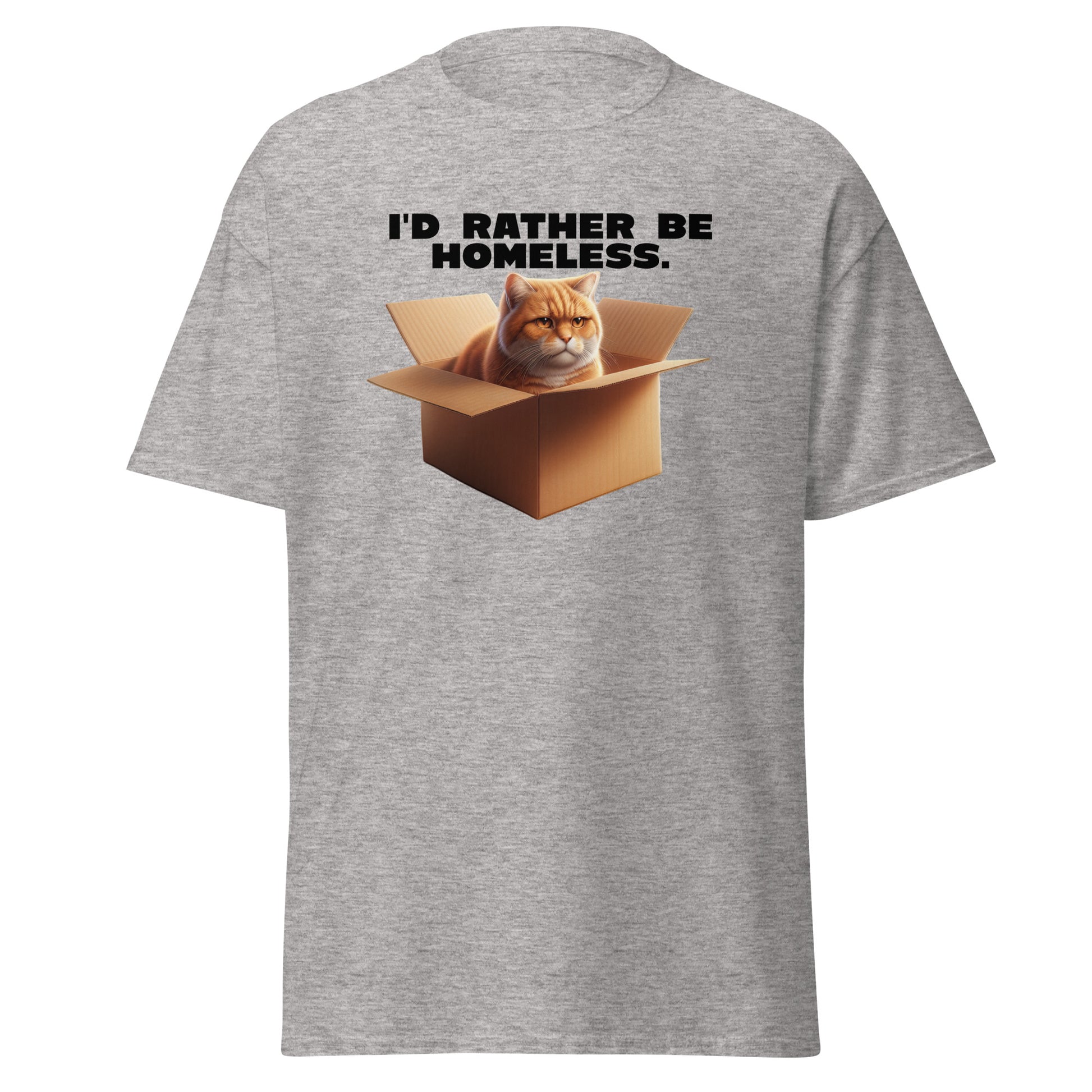 The Id Rather Be Homeless T-Shirt by FunnyDripStore features a grumpy orange cat in a box on a gold tee—perfect quirky merch for cat lovers and fans of clever text shirts.