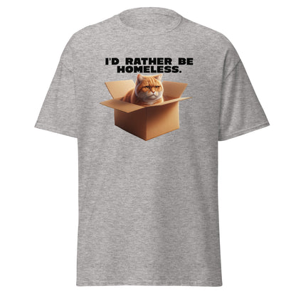 The Id Rather Be Homeless T-Shirt by FunnyDripStore features a grumpy orange cat in a box on a gold tee—perfect quirky merch for cat lovers and fans of clever text shirts.