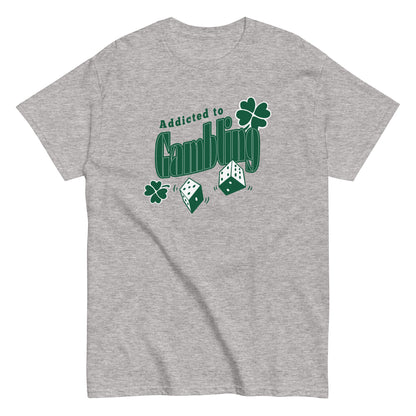 The Addicted To Gambling T-Shirt by FunnyDripStore is a white tee with green Addicted to Gambling lettering, two dice, and three shamrocks—a hilarious choice for meme shirt fans.