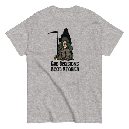 The FunnyDripStore Bad Decisions Good Stories T-Shirt is a white tee featuring a cartoon Grim Reaper with a drink and cigarette, plus bold text—perfect for fans of witty and funny style.