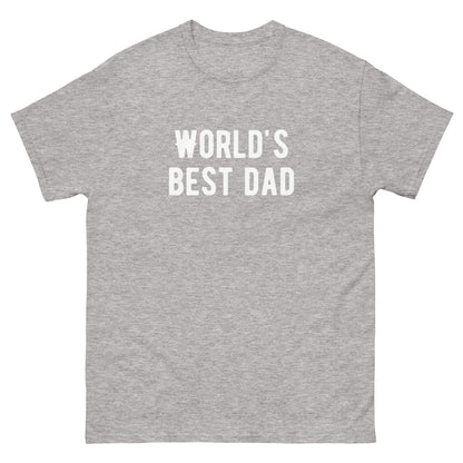 The FunnyDripStore Worlds Best Dad T-Shirt in navy features WORLDS BEST DAD in bold white letters, with the W styled as a mustache—a funny, unique gift for dads who love humorous clothing.