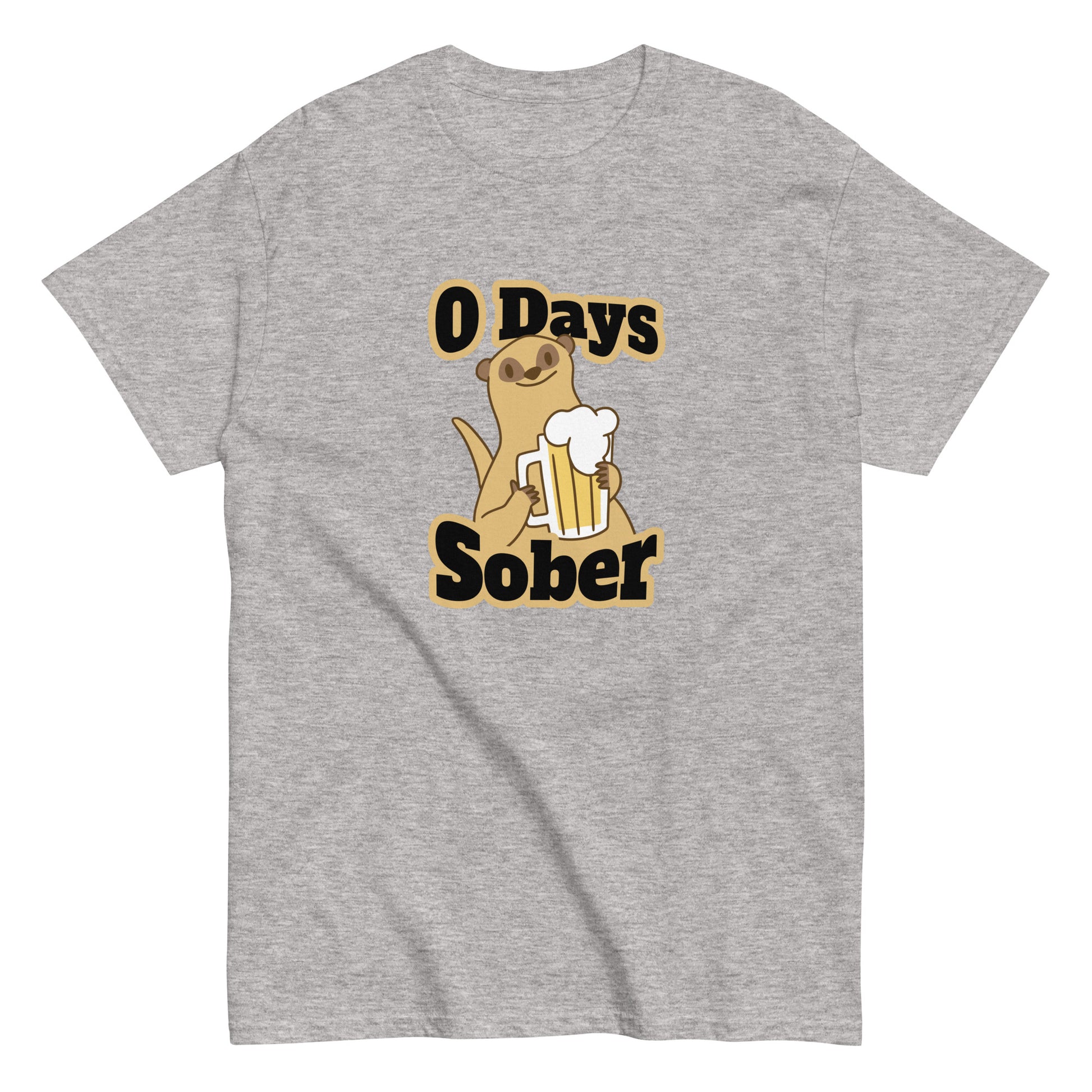 The 0 Days Sober T-Shirt by FunnyDripStore features a cartoon meerkat with a beer mug and bold 0 Days Sober text, printed on a navy shirt—ideal quirky, funny clothing for fans of humorous style.
