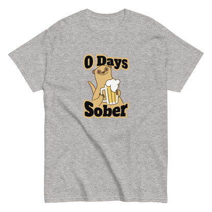 The 0 Days Sober T-Shirt by FunnyDripStore features a cartoon meerkat with a beer mug and bold 0 Days Sober text, printed on a navy shirt—ideal quirky, funny clothing for fans of humorous style.