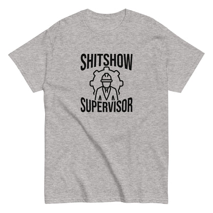 The Shitshow Supervisor T-Shirt by FunnyDripStore features “SHITSHOW SUPERVISOR” in white and a supervisor line drawing—perfect funny merch for meme lovers seeking humor tees.