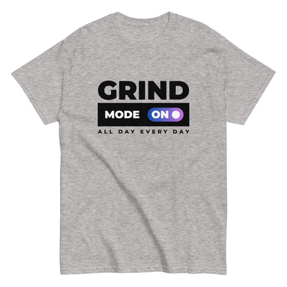 The Grind Mode On T-Shirt by FunnyDripStore features bold black GRIND MODE text with a purple ON switch icon on white. Below, ALL DAY EVERY DAY appears in smaller black text—a fun pick for nonstop hustlers.