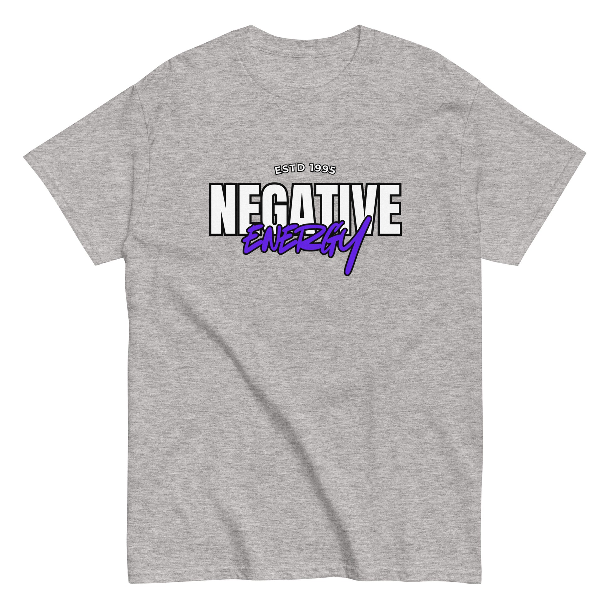 The Negative Energy T-Shirt by FunnyDripStore is a white tee featuring bold black and purple ESTD 1996 NEGATIVE ENERGY lettering—perfect for fans of witty, playful merch.