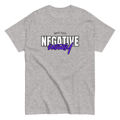 The Negative Energy T-Shirt by FunnyDripStore is a white tee featuring bold black and purple ESTD 1996 NEGATIVE ENERGY lettering—perfect for fans of witty, playful merch.