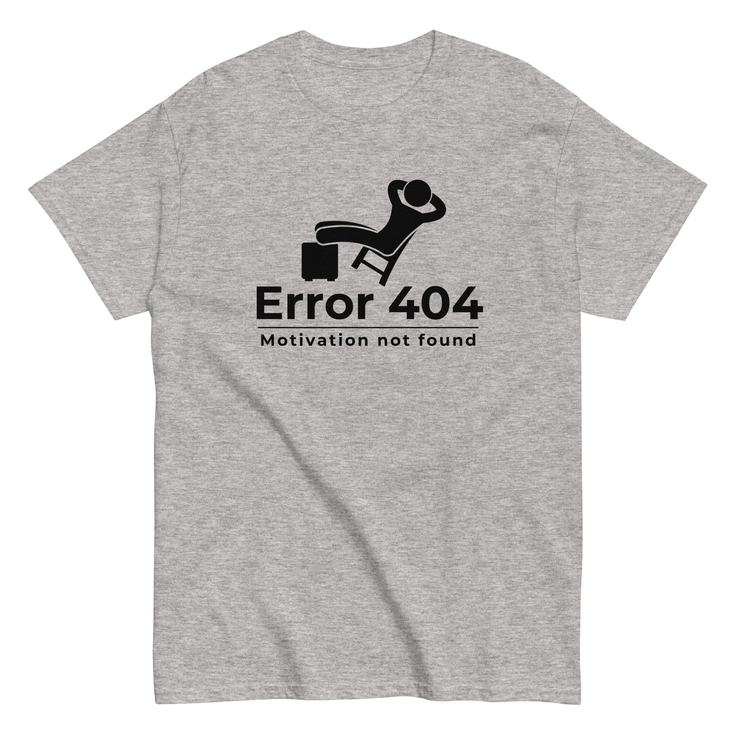 The FunnyDripStore Error 404 T-Shirt in black features a graphic of a relaxed person and the “Motivation not found” caption—perfect for showing off your laid-back mood with humor.