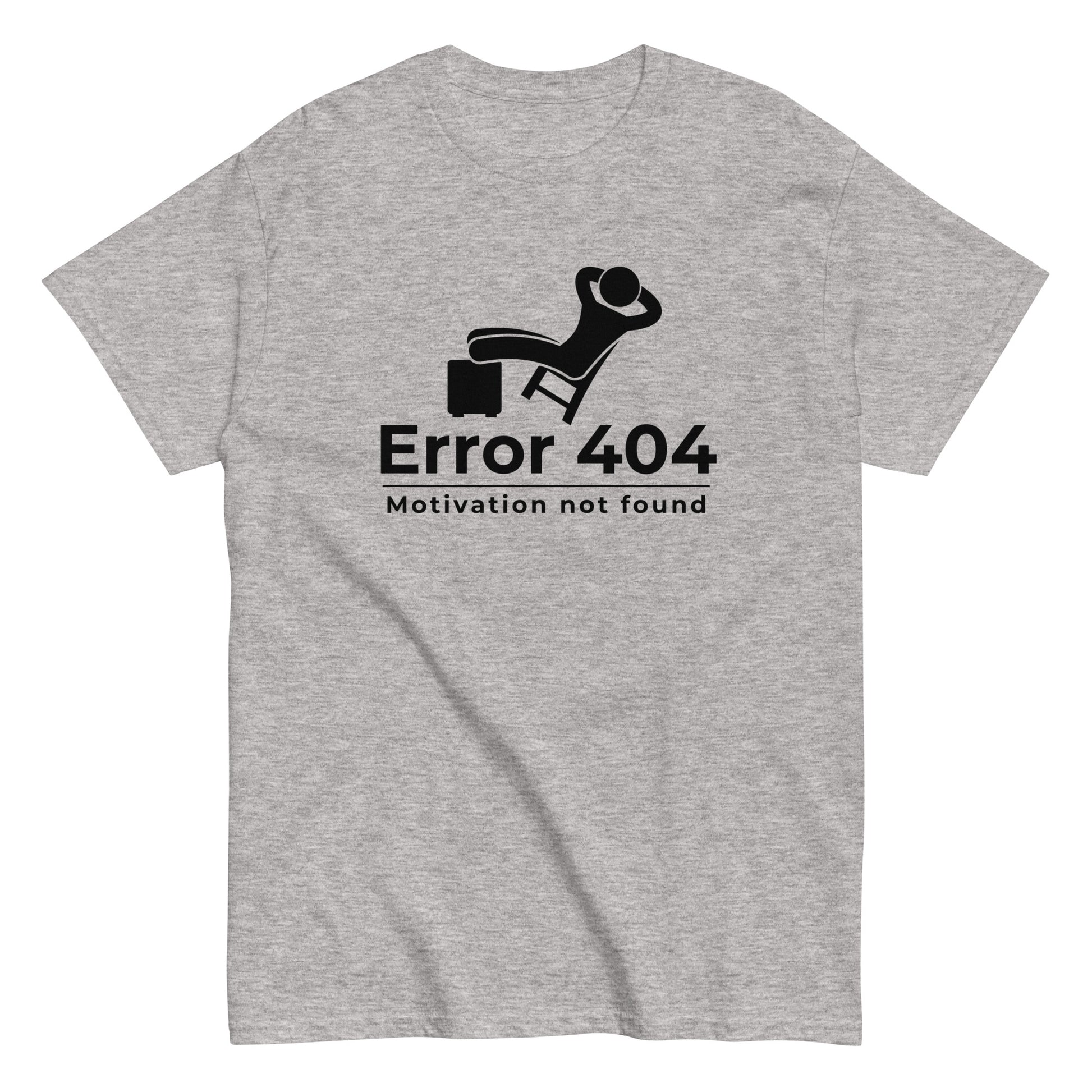 The FunnyDripStore Error 404 T-Shirt in black features a graphic of a relaxed person and the “Motivation not found” caption—perfect for showing off your laid-back mood with humor.