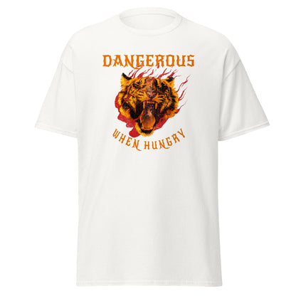 The Dangerous When Hungry T-Shirt by FunnyDripStore features a bold tiger head with flames and yellow-orange text reading DANGEROUS above and WHEN HUNGRY below—perfect for anyone who loves funny, eye-catching style.