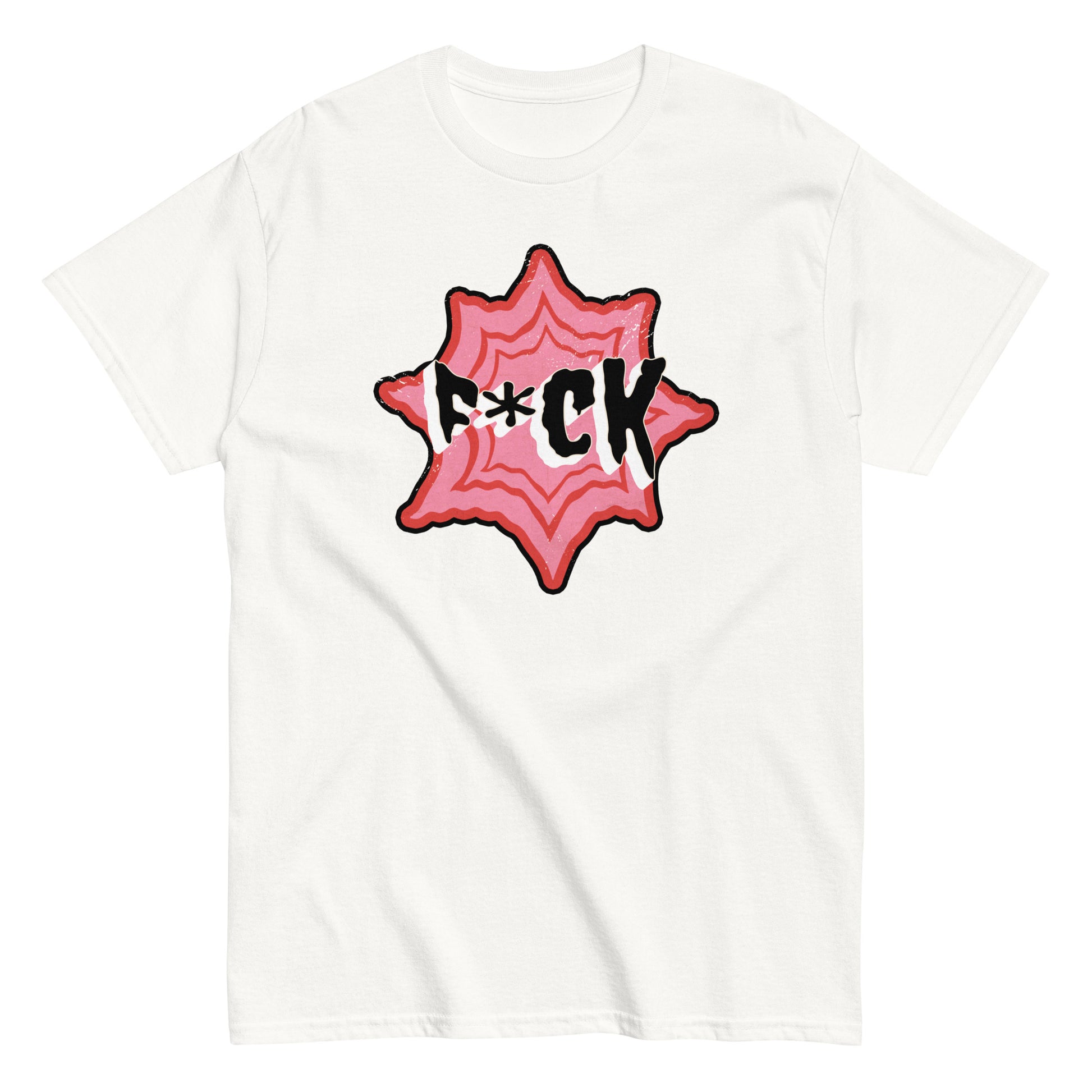 The F*ck T-Shirt by FunnyDripStore is a black tee with F*CK in bold black and white letters, a red asterisk as the U, all centered in a jagged red and pink starburst—a standout funny merch item.