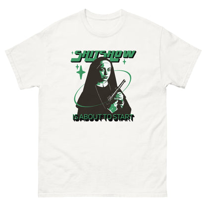 The Shitshow T-Shirt by FunnyDripStore features a nun with a gun, green stars, and bold “SHITSHOW” and “IS ABOUT TO START” text—an edgy, funny tee perfect for humor lovers.