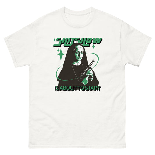 The Shitshow T-Shirt by FunnyDripStore features a nun with a gun, green stars, and bold “SHITSHOW” and “IS ABOUT TO START” text—an edgy, funny tee perfect for humor lovers.
