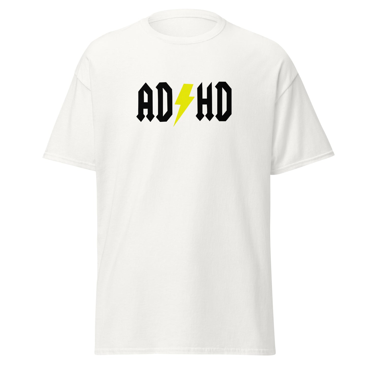 The ADHD T-Shirt by FunnyDripStore features ADHD in bold white letters with a yellow lightning bolt as the second H, styled like the AC/DC logo—a great gift for anyone who loves funny graphic tees.