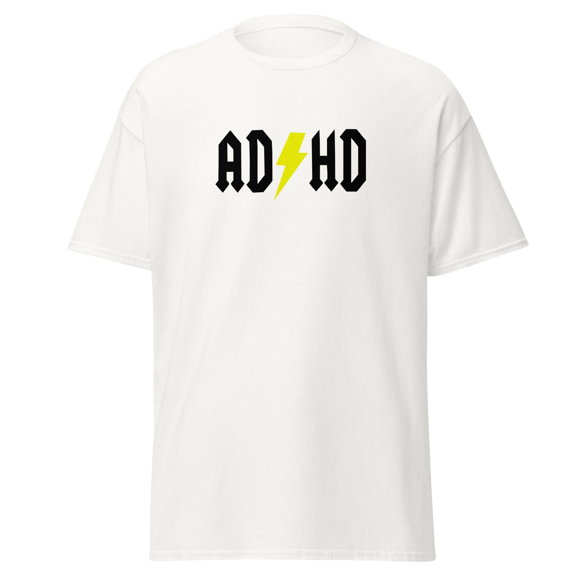 The ADHD T-Shirt by FunnyDripStore features ADHD in bold white letters with a yellow lightning bolt as the second H, styled like the AC/DC logo—a great gift for anyone who loves funny graphic tees.