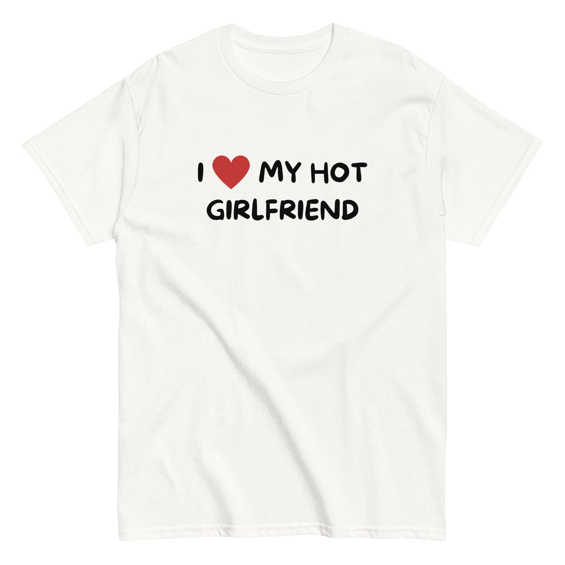 The I Love My Hot Girlfriend T-Shirt by FunnyDripStore features bold white lettering and a red heart on a purple shirt—a fun, standout choice for anyone who loves quirky and eye-catching clothing.