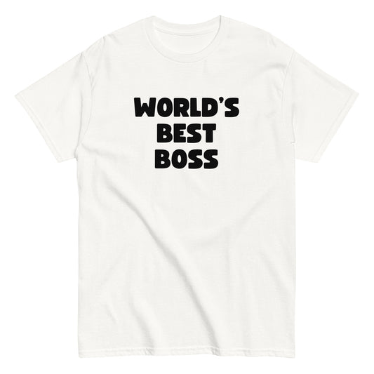 The Worlds Best Boss T-Shirt by FunnyDripStore features bold, white playful lettering on black—perfect as a funny shirt and must-have merch for fans of humorous style.