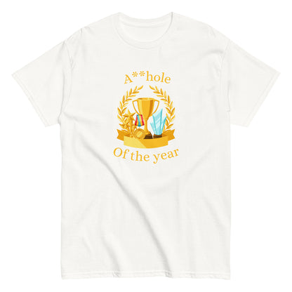 The A**hole Of The Year T-Shirt by FunnyDripStore features a black design with a gold trophy, medals, laurel wreath graphic, and bold yellow text. Perfect funny merch for anyone who loves standout humor.