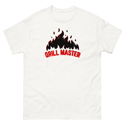 The Grill Master T-Shirt by FunnyDripStore: a yellow tee with black flames above bold red GRILL MASTER text—funny merch perfect for any BBQ lover.
