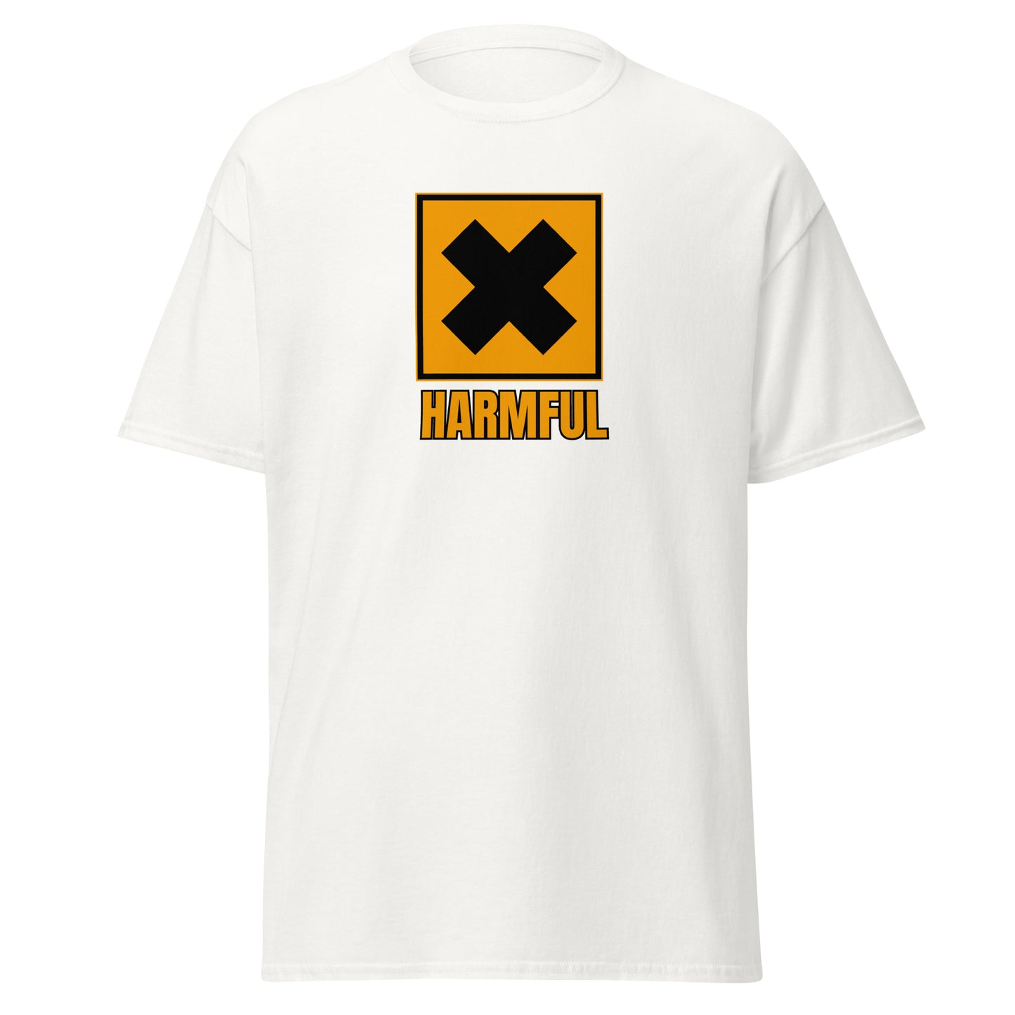 The Harmful T-Shirt by FunnyDripStore is a yellow meme shirt with a bold black X in a square above HARMFUL in black letters on the chest.
