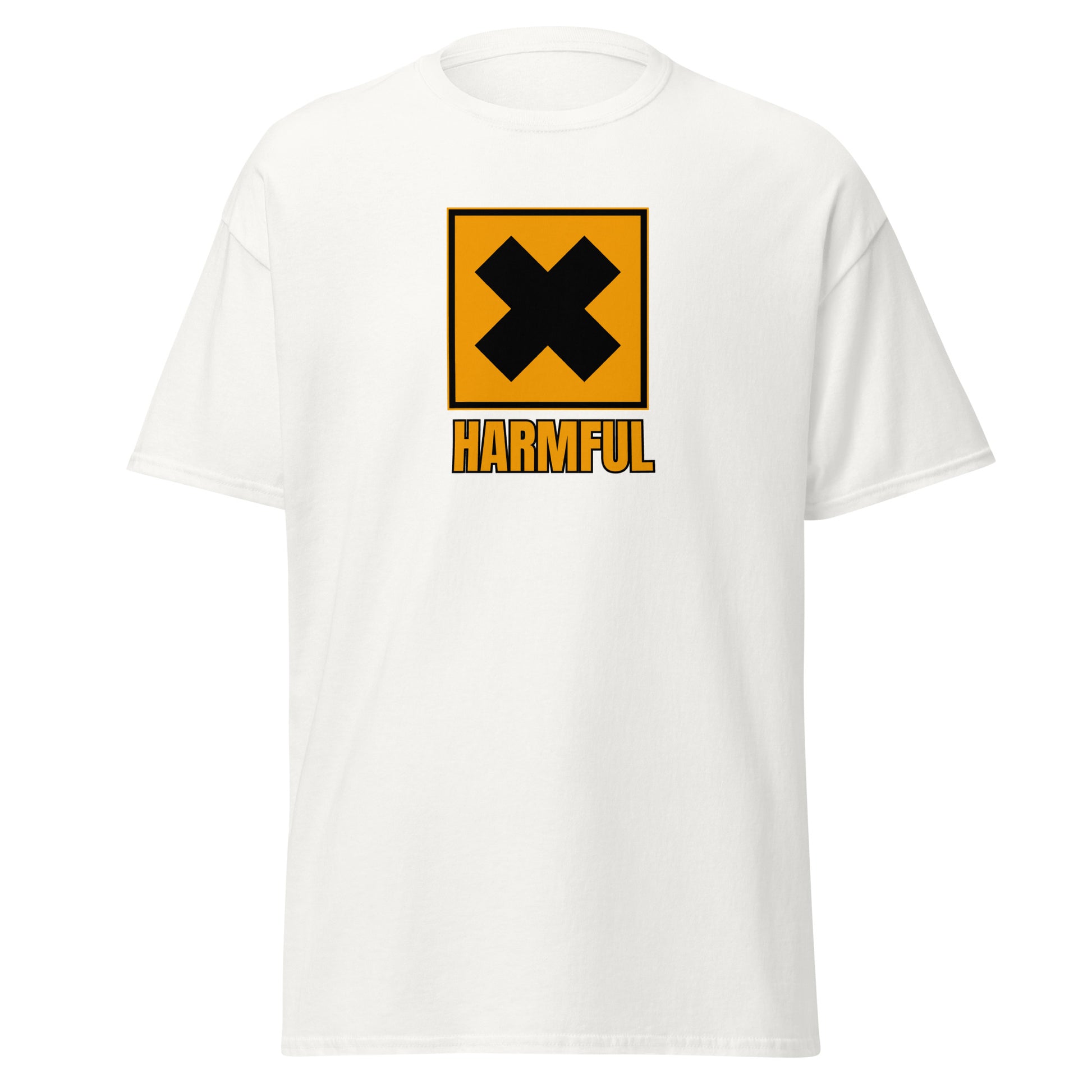 The Harmful T-Shirt by FunnyDripStore is a yellow meme shirt with a bold black X in a square above HARMFUL in black letters on the chest.