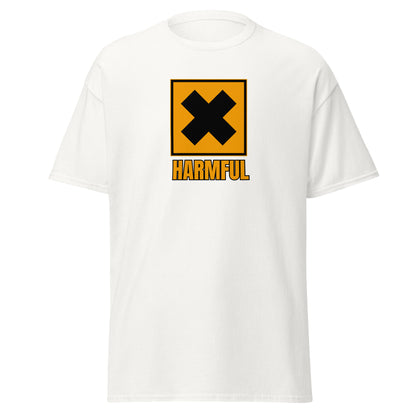 The Harmful T-Shirt by FunnyDripStore is a yellow meme shirt with a bold black X in a square above HARMFUL in black letters on the chest.