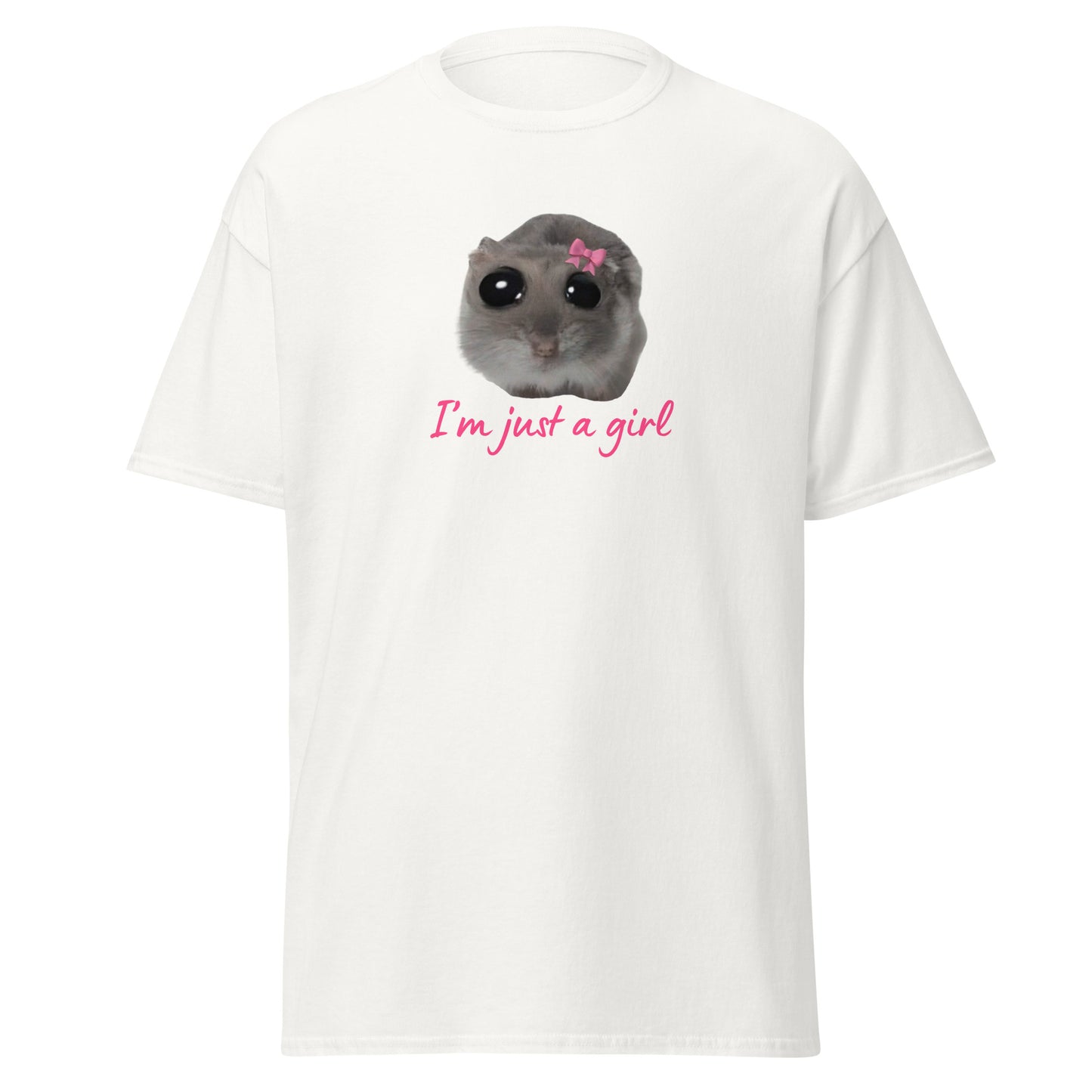 The Im Just A Girl T-Shirt from FunnyDripStore features a cute hamster with a pink bow and large eyes, plus “Im just a girl” in pink cursive—perfect for anyone who loves adorable, quirky text shirts.