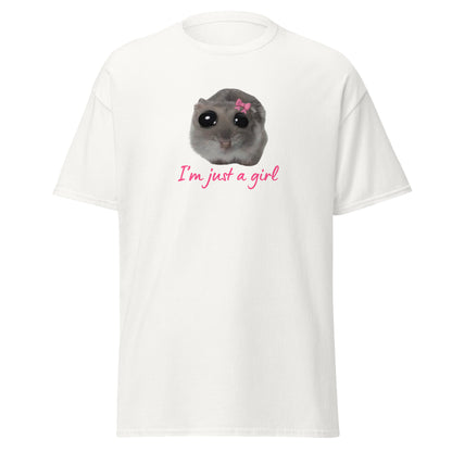 The Im Just A Girl T-Shirt from FunnyDripStore features a cute hamster with a pink bow and large eyes, plus “Im just a girl” in pink cursive—perfect for anyone who loves adorable, quirky text shirts.