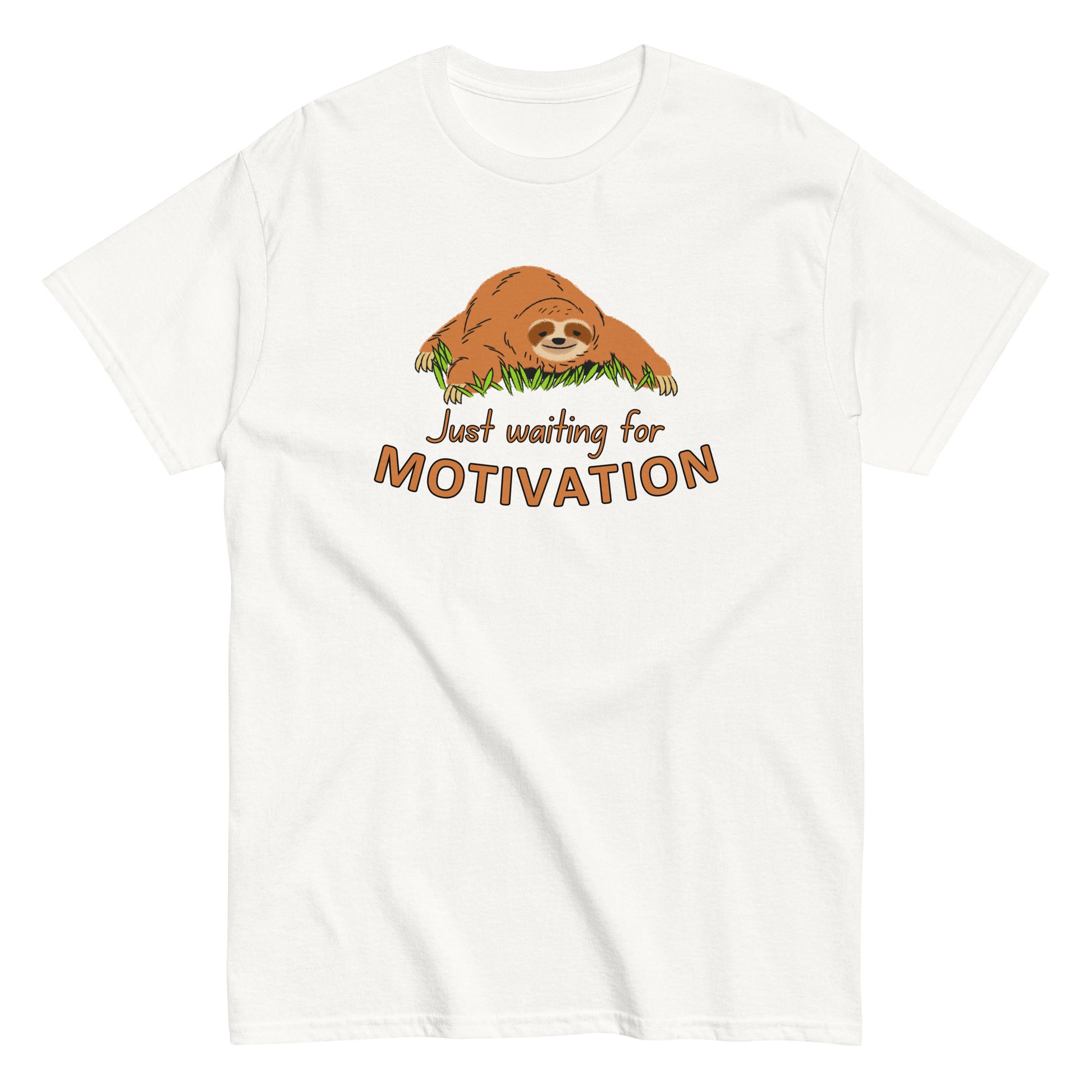 The Just Waiting For Motivation T-Shirt by FunnyDripStore features a smiling sloth on grass above bold orange and yellow text—a perfect choice for fans of funny apparel.