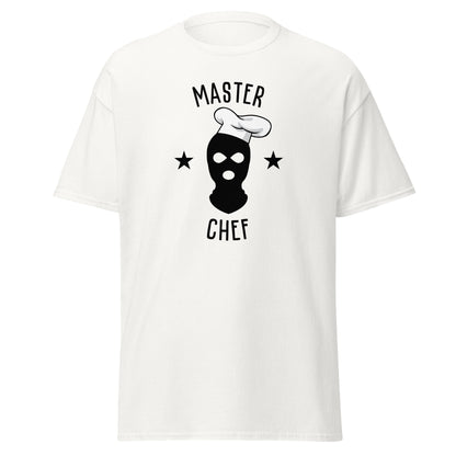 The Master Chef T-Shirt by FunnyDripStore features a black ski mask in a chef’s hat, two black stars, and bold “MASTER CHEF” text above and below the graphic.