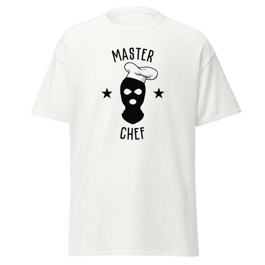 The Master Chef T-Shirt by FunnyDripStore features a black ski mask in a chef’s hat, two black stars, and bold “MASTER CHEF” text above and below the graphic.