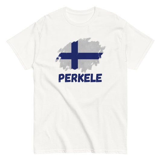 The Perkele T-Shirt by FunnyDripStore features a white design with a brushstroke Finnish flag above bold blue PERKELE text—a unique, funny tee for fans of quirky merch.