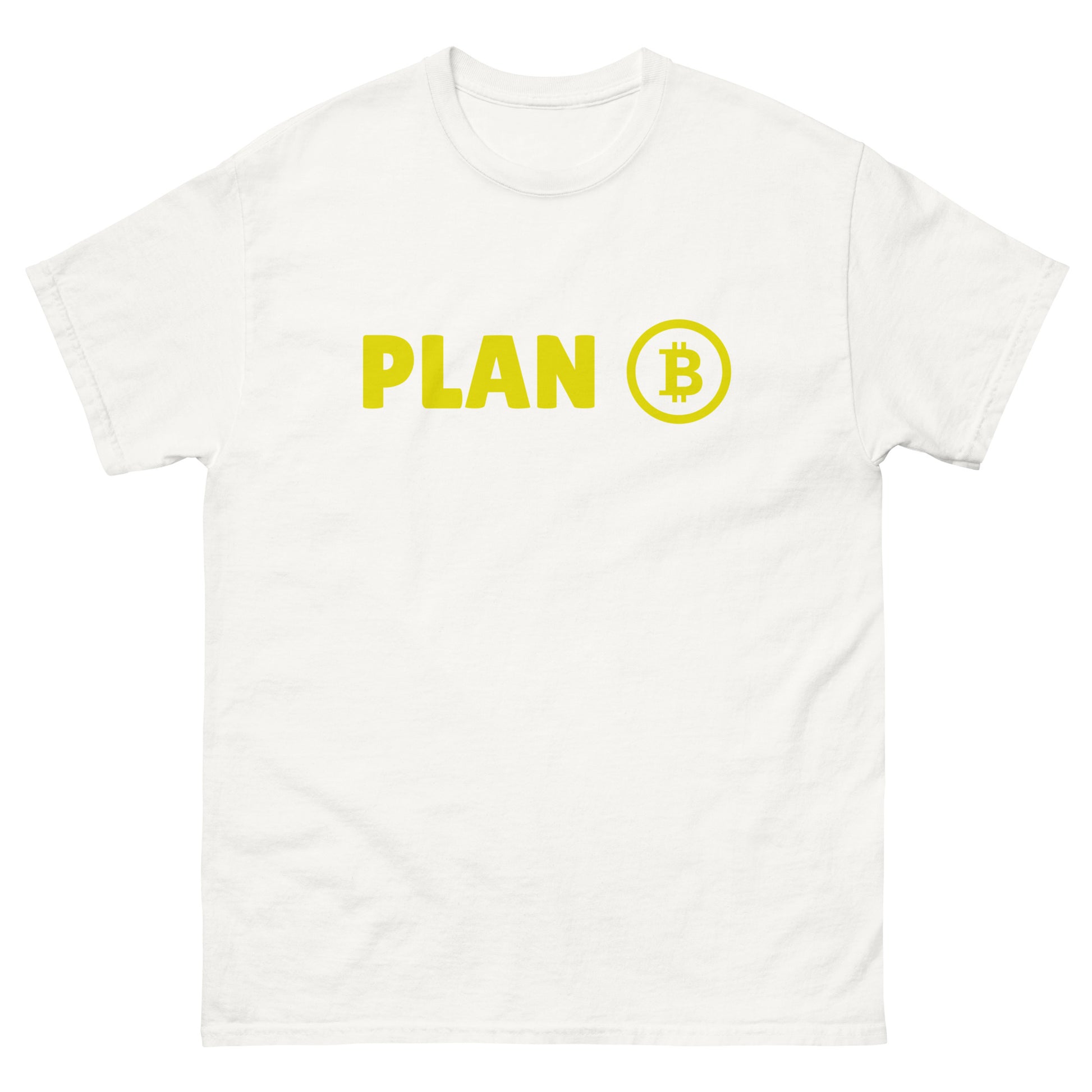 The Plan B T-Shirt from FunnyDripStore features PLAN in bold yellow letters and a yellow Bitcoin symbol inside a circle on the chest—a fun meme shirt perfect for fans of funny clothing.