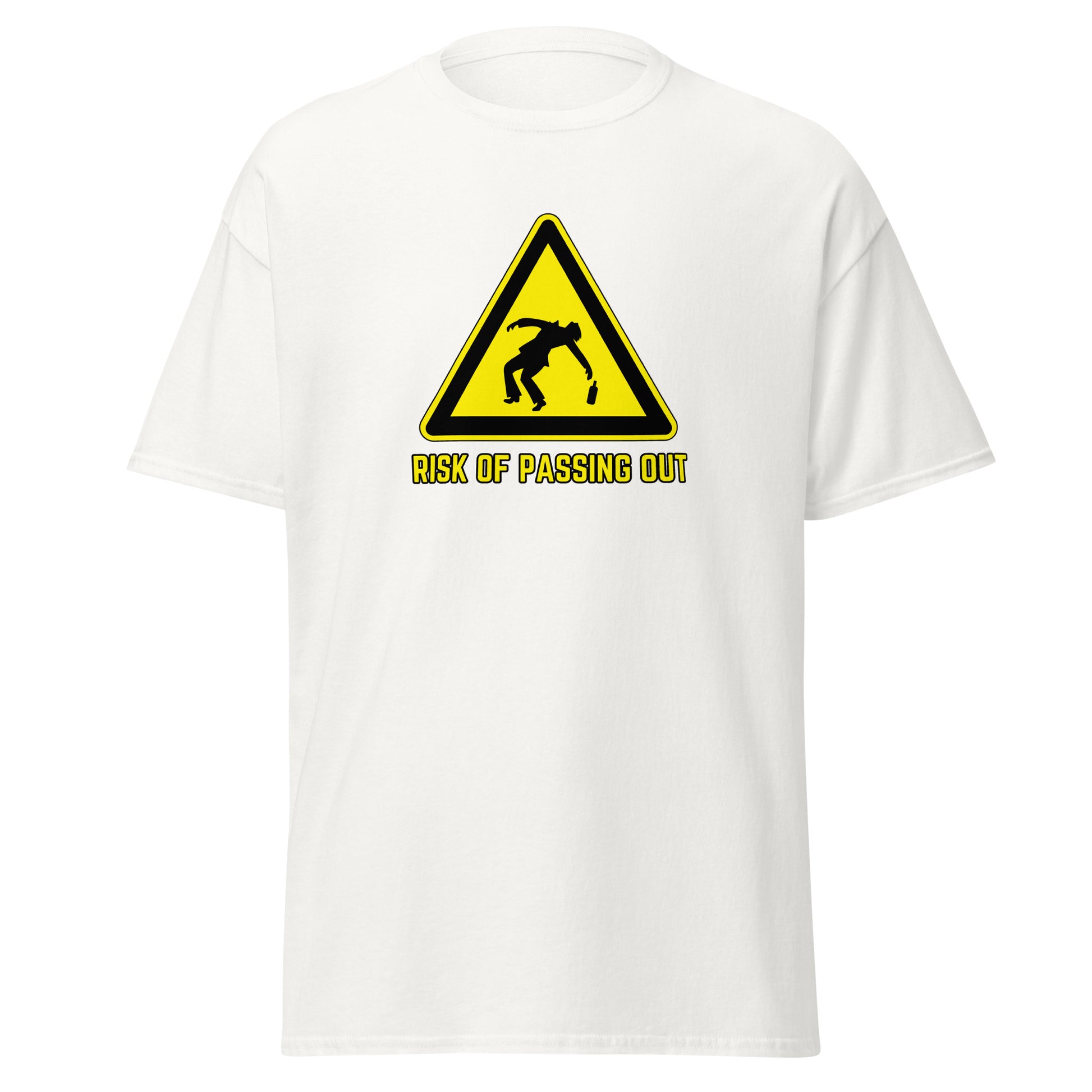 The Risk Of Passing Out T-Shirt by FunnyDripStore is a black tee with a yellow warning sign and “RISK OF PASSING OUT” text—a perfect meme shirt for fans of bold, humorous style.