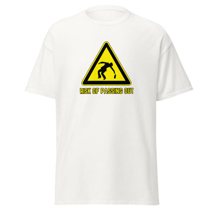 The Risk Of Passing Out T-Shirt by FunnyDripStore is a black tee with a yellow warning sign and “RISK OF PASSING OUT” text—a perfect meme shirt for fans of bold, humorous style.
