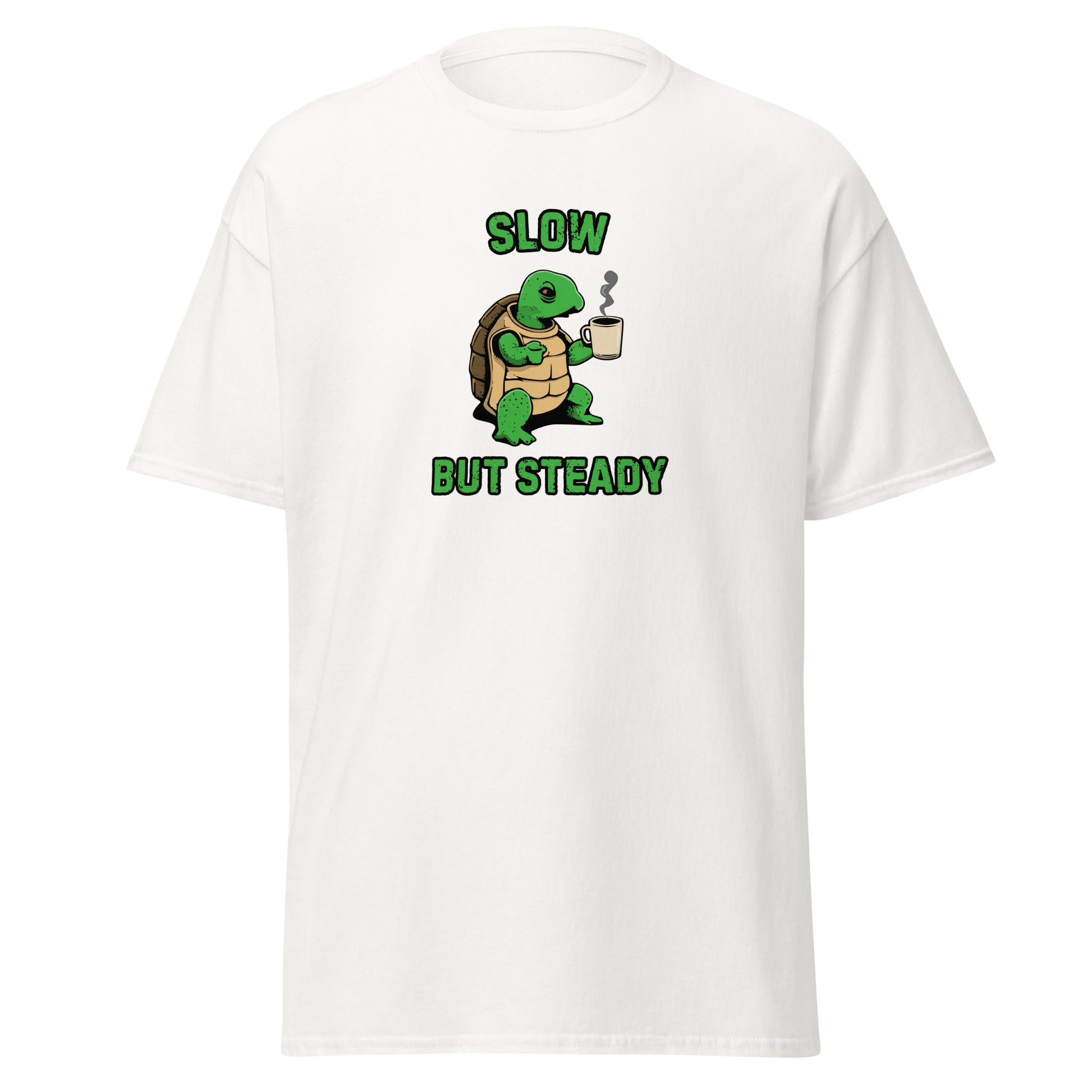 The FunnyDripStore Slow But Steady T-Shirt is a black tee with a cartoon turtle holding a coffee mug and SLOW above and BUT STEADY below in green—perfect meme shirt for coffee lovers.