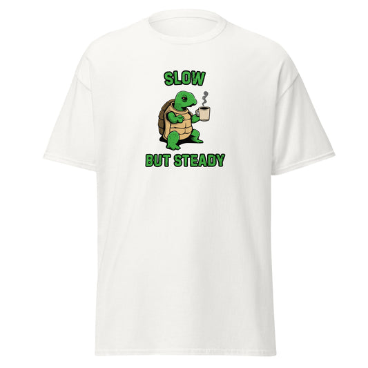 The FunnyDripStore Slow But Steady T-Shirt is a black tee with a cartoon turtle holding a coffee mug and SLOW above and BUT STEADY below in green—perfect meme shirt for coffee lovers.