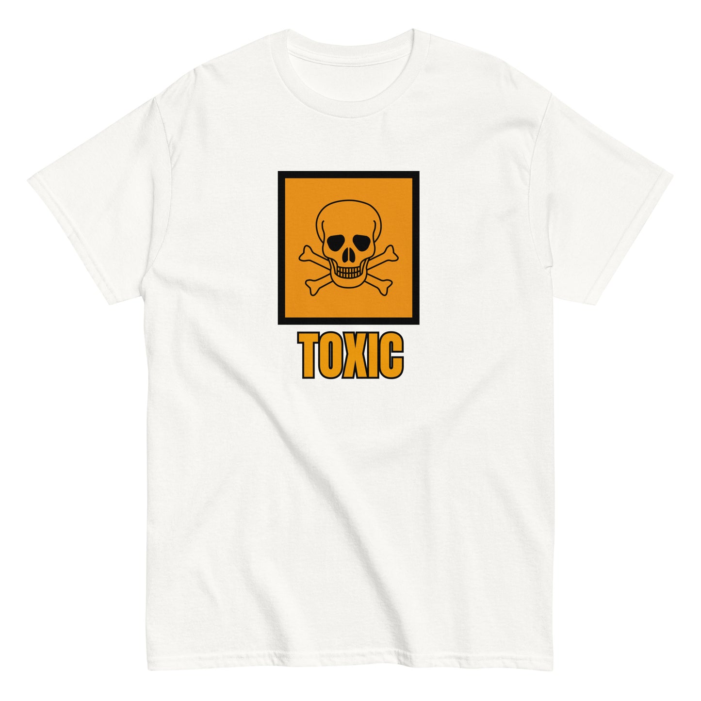 The FunnyDripStore Toxic T-Shirt features a bold yellow square with a black skull and crossbones above TOXIC in yellow on the front. This black meme shirt is perfect for those who love humorous clothing.